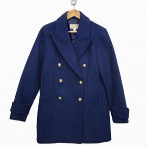 NEW MICHAEL Michael Kors Double Breasted Wool Blend Pea Coat Navy Blue